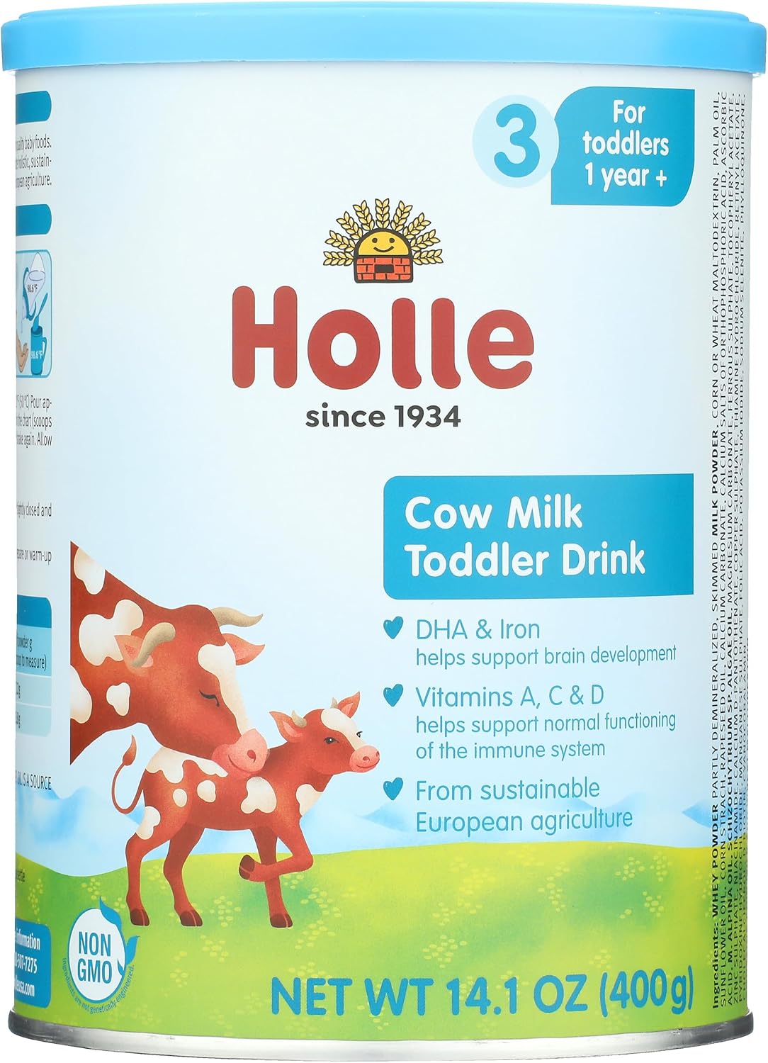 Holle Cow Milk Toddler Drink Stage 3, 14.1 Oz Powdered Toddler Milk Beverage, Non-GMO, Clean Label Certified, Grass-Fed, DHA & Iron, For Children 12 Months and Up, Made in Germany