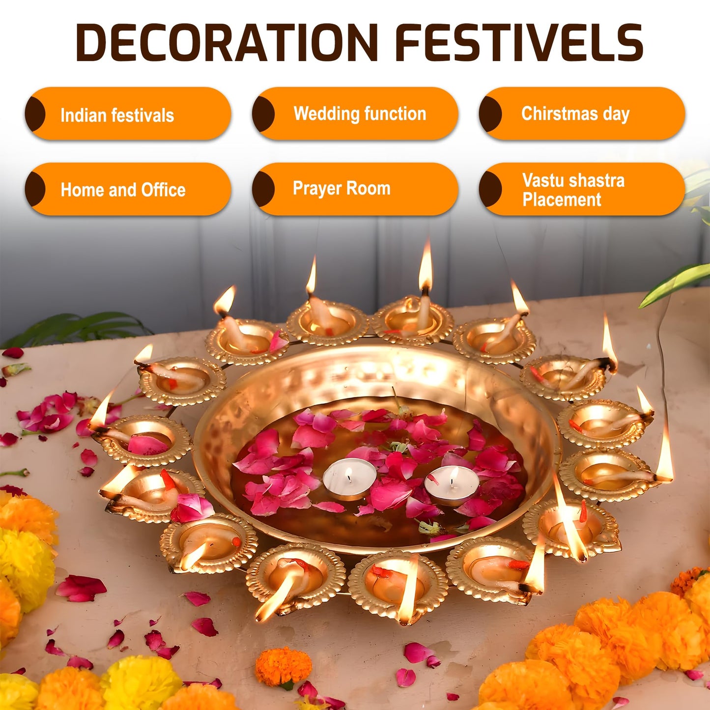 DIYANA IMPEX Urli Bowl for Diwali Decoration for Floating flowers and Perfect for Home Décor, Christmas, Pooja, Festive with Tea light Candles (14" Inches,Gold)