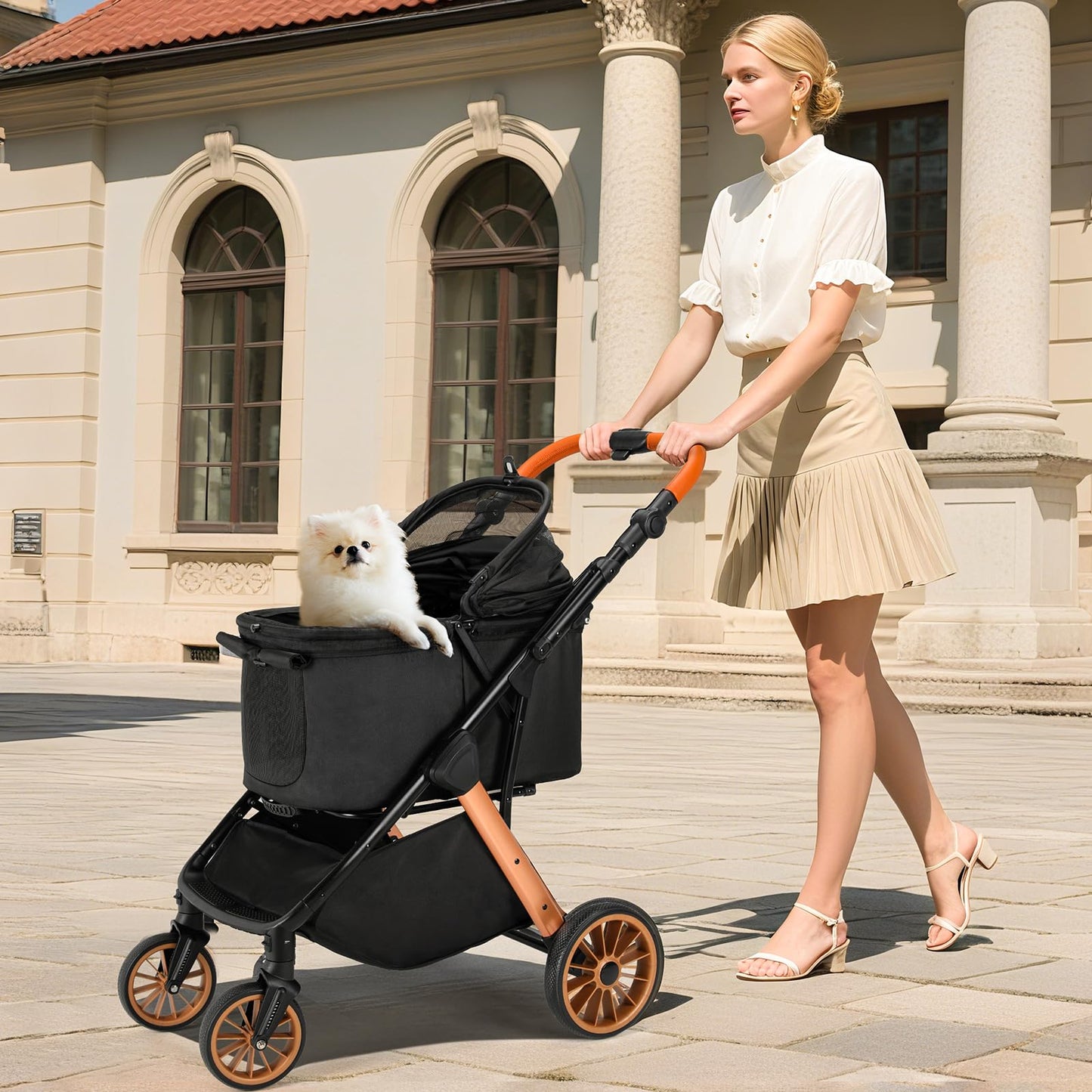 MAMIZO Foldable Dog Stroller for Medium Dogs Cats Up to 33 Lbs, Adjustable Height Handle, Pet Stroller with Aluminum and Carbon Steel Frame, Sun Shades, Storage Basket & Shock Absorbers, All-Terrain