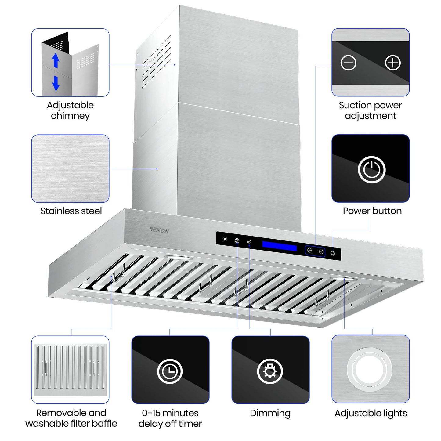 EKON KITCHEN EXPERT Range Hoods 30 In - Wall Mount Range Hood Stainless Steel 900 CFM, Touch Panel Control With Remote And LCD Display / 4 Pcs 3W Led Lamp/Dishwasher Baffle Filters(NAP04-30in)