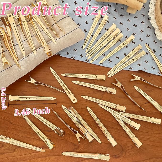 40 PCS 3.5 Inch Golden Duck Billed Clips,Metal Alligator Curl Hair Clips with Holes for Styling, Coloring, Thick Hair Rollers, Salon Use,Alligator Clips for Women for Thick Hair & Thin Hair,golden