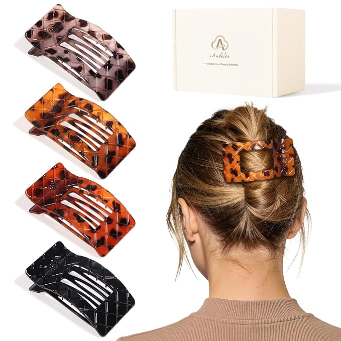 Large Flat Hair Claw Clips for Women Fine Thin Medium Thick Hair, Duckbill Strong Hold Non Slip Square Hair Clips, Cozy French Lay Down Hairclips, Tortoiseshell Colors, 4 Pcs