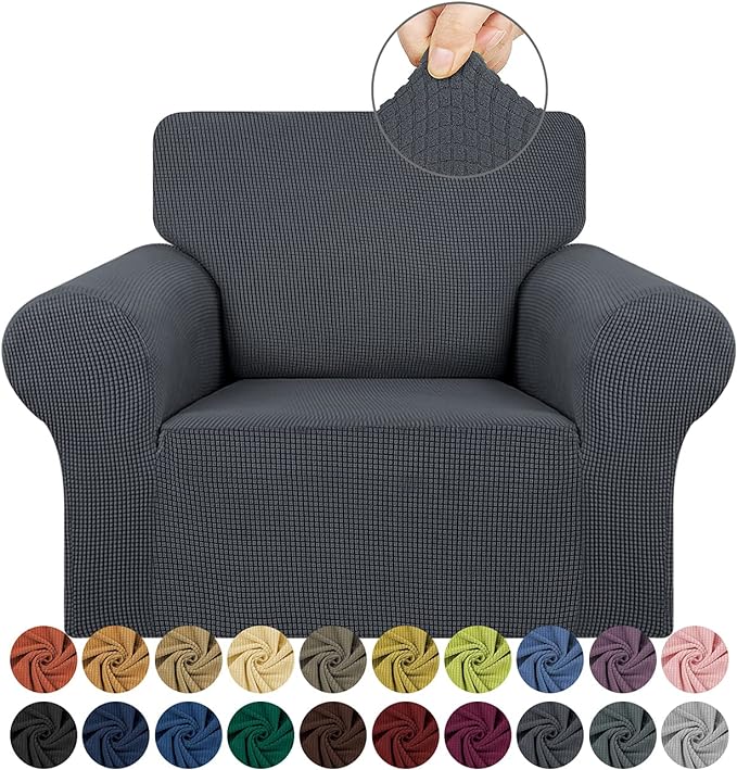 KEKUOU Stretch Single Sofa Slipcover 1 Piece Couch Sofa Cover (31"-55") Furniture Protector 1 Seater Sofa with Elastic Bottom for Kids,Pet.Jacquard Small Checked Pattern Fabric(Small,Charcoal)