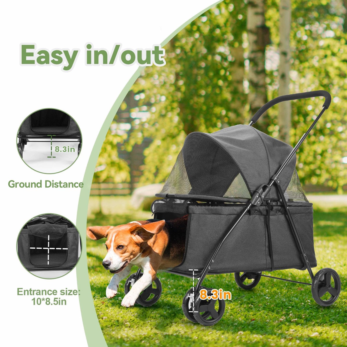 20% Larger Capacity, Wedyvko Dog Stroller for Medium/Small Pets w/Dog Poop Bags & Dispenser, Storage Pouch, Zipperless, Entry in/Out Easy (Black)