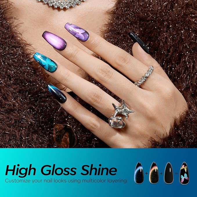 modelones Cat Eye Gel Nail Polish Set, 6 Colors Holographic Colorful Rainbow Glitter 9D Cateye Magnetic Gel Polish Black Purple Blue Green Yellow Coral Pink Nail Polish W Magnet Soak Off LED DIY Gift