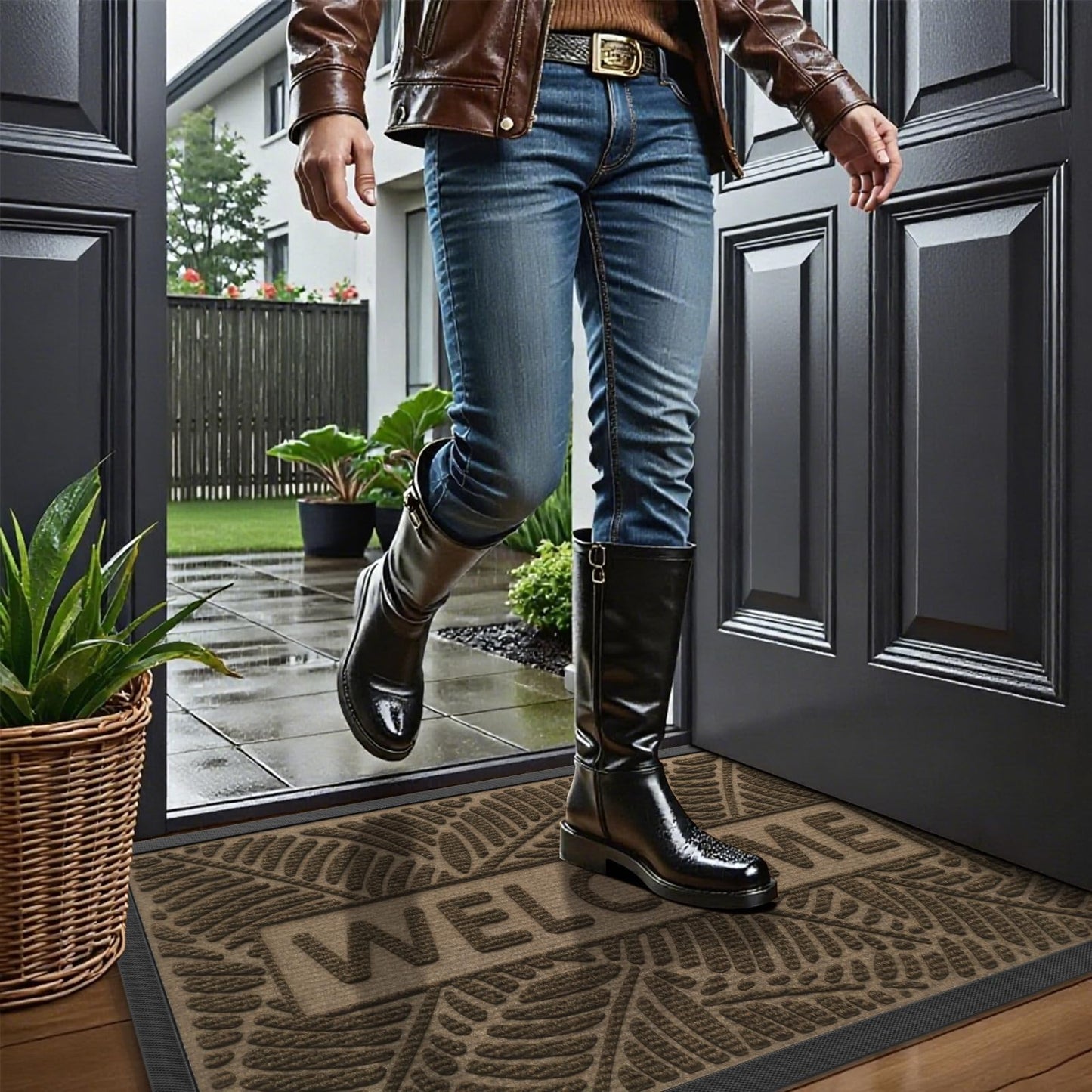 Smiry Welcome Mat Indoor Outdoor, All-Season Waterproof Front Door Mat, Sturdy Natural Rubber Doormat, Non-Slip, Easy Clean, Low Profile Dirt Trapper for Porch Patio Entrance, 59x34, Brown