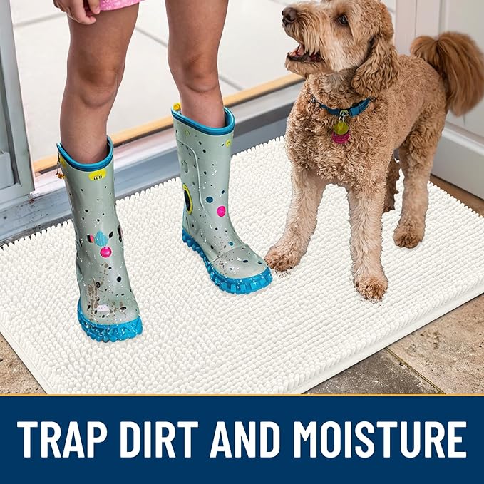 Smiry Dog Door Mat for Muddy Paws 30x20, Absorbs Moisture and Dirt Doormat, Non-Slip Washable Quick Dry Chenille Front Door Mat Indoor Entrance, Entryway Carpet for Inside Floor, Ivory