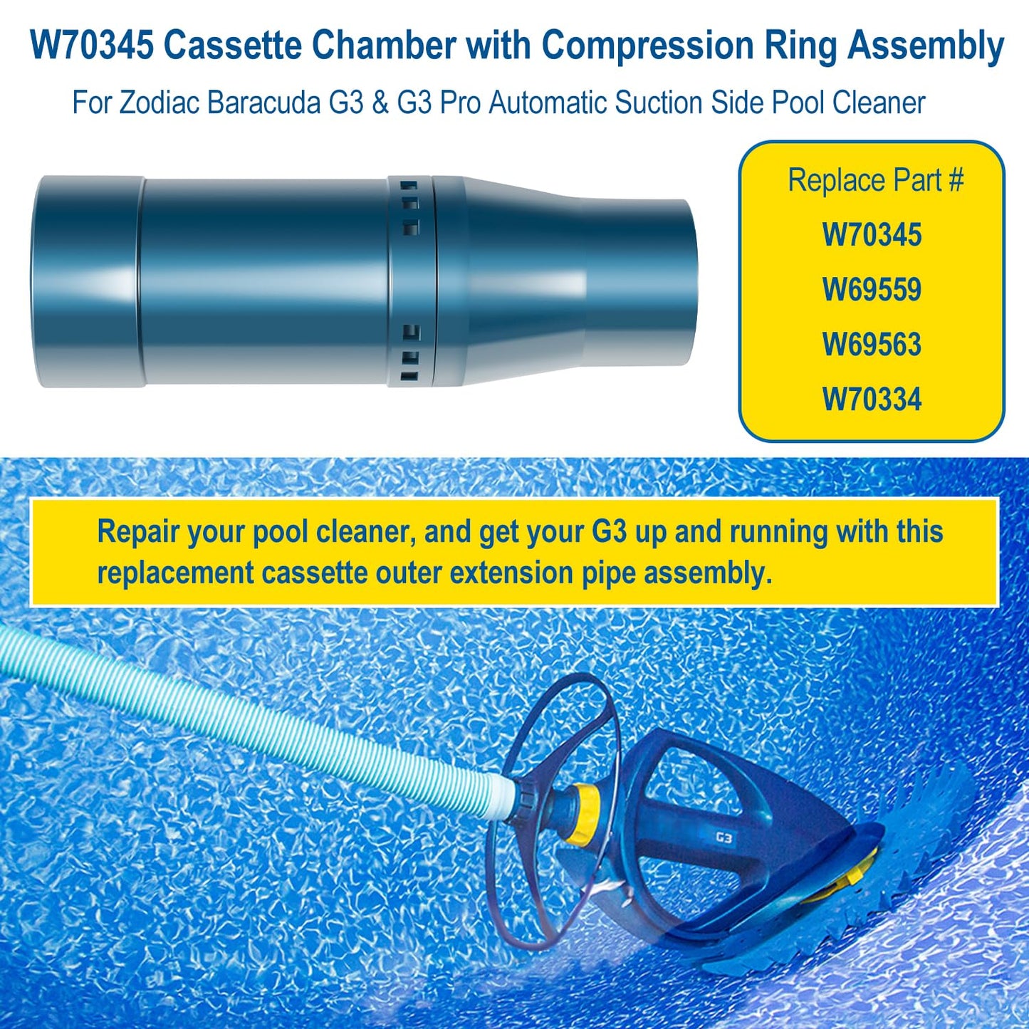W70345 Cassette Chamber with Compression Ring Assembly Replacement Parts Kit Fit For Zodiac Baracuda G3 & G3 Pro Automatic Suction Side Pool Cleaner Vacuum, Replace W69559, W69563, W70334