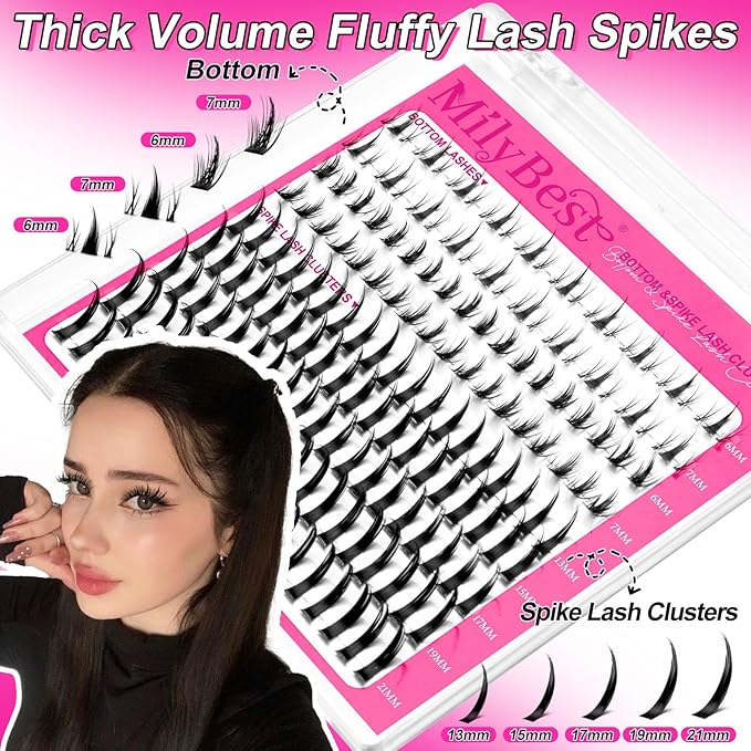 MilyBest Bottom Lash Clusters with Spikes 13-21mm Lash Spikes and 6-7mm Bottom Lashes Wispy Cluster Eyelash Extensions Spiky Lashes Clusters D Curl Eyelash Clusters Manga DIY Individual Eyelashes
