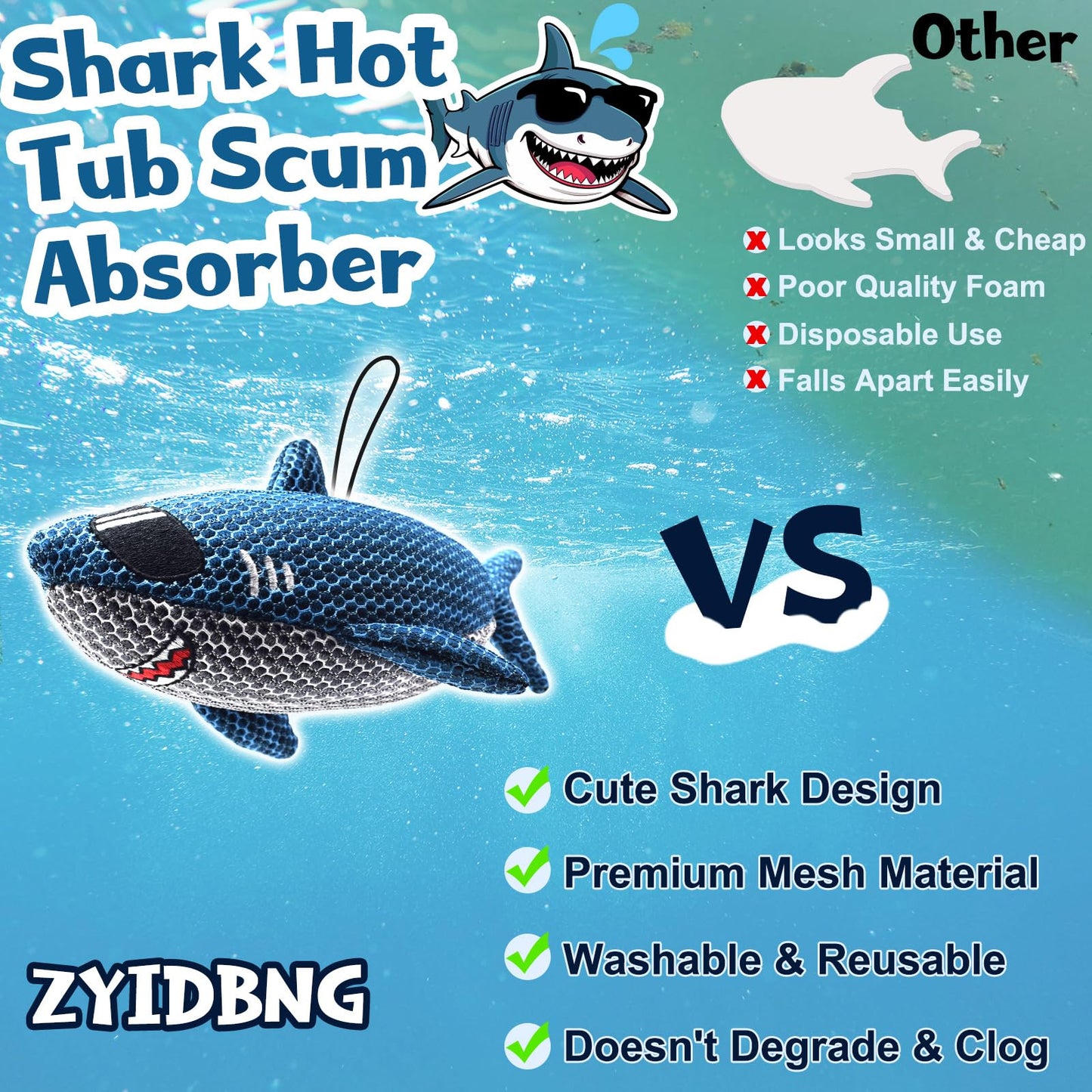ZYIDBNG Shark Hot Tub Scum Absorber Reusable Washable Hot Tub Sponge Scum Absorber for Spa Hot Tub Oil Scum Absorber Spa Accessories for Adults (2 Pack, Shark)