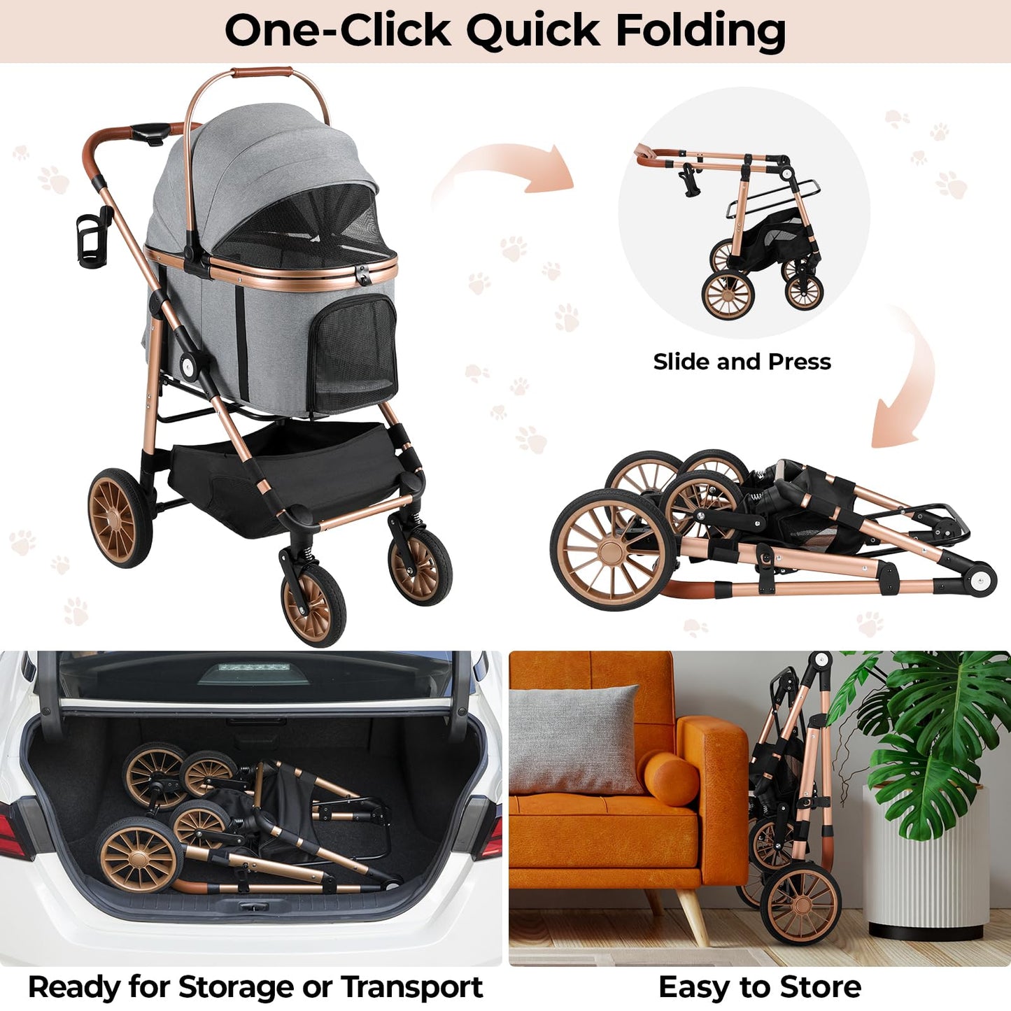 MAMIZO Pet Stroller for Medium Dogs Cats Up to 44 lbs, All-Terrain 3-in-1 Dog Stroller with Detachable Carrier, Rubber Wheels, One-Click Folding, Storage Basket & Cup Holder, for Senior Dogs & Cats