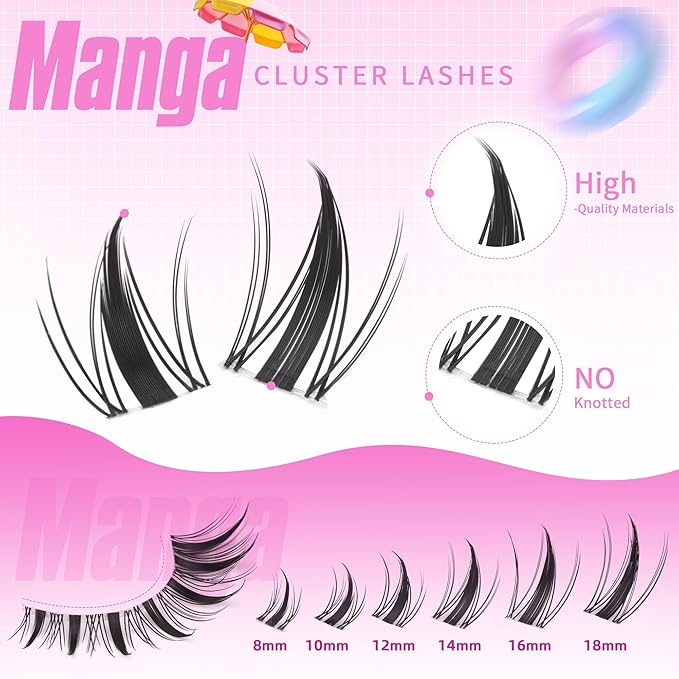Geeneiya Manga Lashes Clusters Kit DIY Lash Extension, 8-18MM Invisible Lash Clusters, Soft Band Cluster Eyelash Extensions Kit with Waterproof Lash Bond and Seal, Lash Remover, Tweezers for Beginners