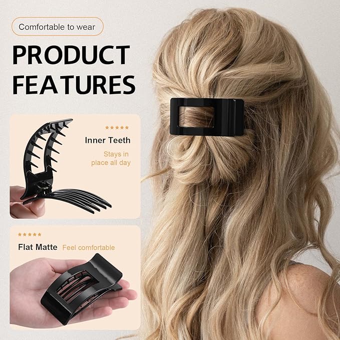 8 Pack French Flat Hair Clips for Women – Large Matte No-Slip Claw Barrettes for Thick & Thin Hair, Strong Hold Styling Accessories (Glossy Black)