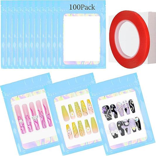 100PCS Empty Solid Blue Holographic Nail Storage Bag Press on Nail Packaging Bag and 100PCS Shiny white cardboard Nail Tips Packaging Bags with 1 Roll Transparent Tape
