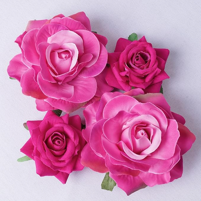 Rose Hair Clip Flower Hairpin Brooch Floral Clips, 4 Pcs Fabric Rose Flowers Hair Clips Mexican Hair Flowers Pin up Headpieces for Woman Girl Wedding Party Mother's Day (Hot Pink)