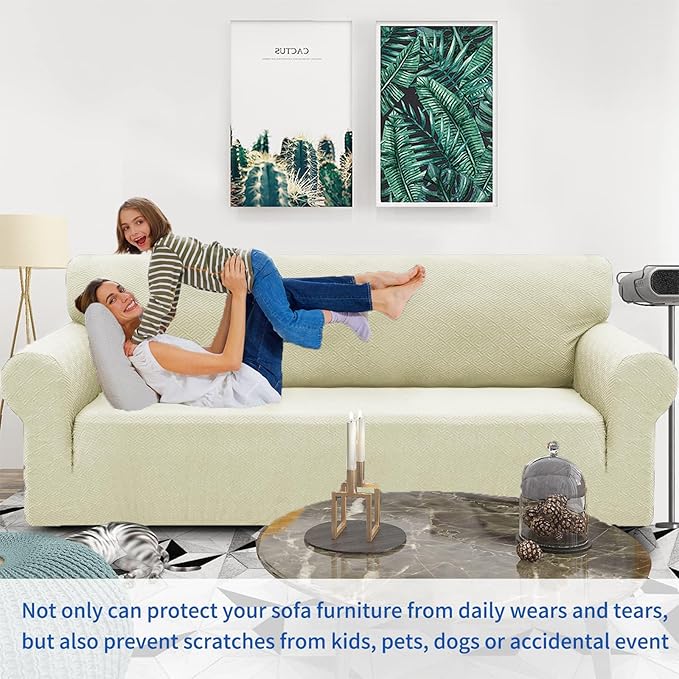ZNSAYOTX 1 Piece Jacquard Couch Covers for 3 Cushion Couch High Stretch Sofa Cover for Pets Dogs Anti Slip Extra Large Sofa Slipcovers Furniture Protector (X-Large,New Pattern Light Beige)