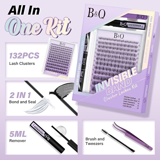 B&Q Spider Lash Clusters Kit-DIY Eyelash Clusters Kit at Home Natural Breeze Lash Extensions, 132pcs Individual Lashes with 0.3mm Invisible Band & Waterproof,Gossip Girl Look for Daily Work & Parties