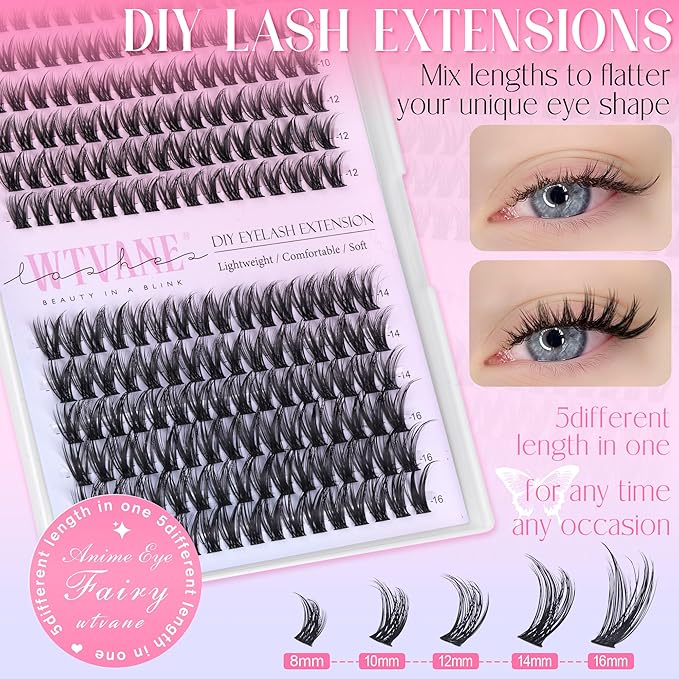Lash Clusters Wispy Eyelash Clusters 8-16mm Natural Cluster Eyelash Extensions Fairy Lashes Clusters False Eyelashes CD-Curly 192Pcs Individual Lashes DIY Natural Manga Lashes Look at Home