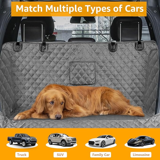 PETICON SUV Cargo Liner for Dogs, Waterproof Pet Cargo Cover Dog Seat Mat for SUVs Sedans Vans with Bumper Flap Protector, Non-Slip, Large Size Universal Fit, Gray