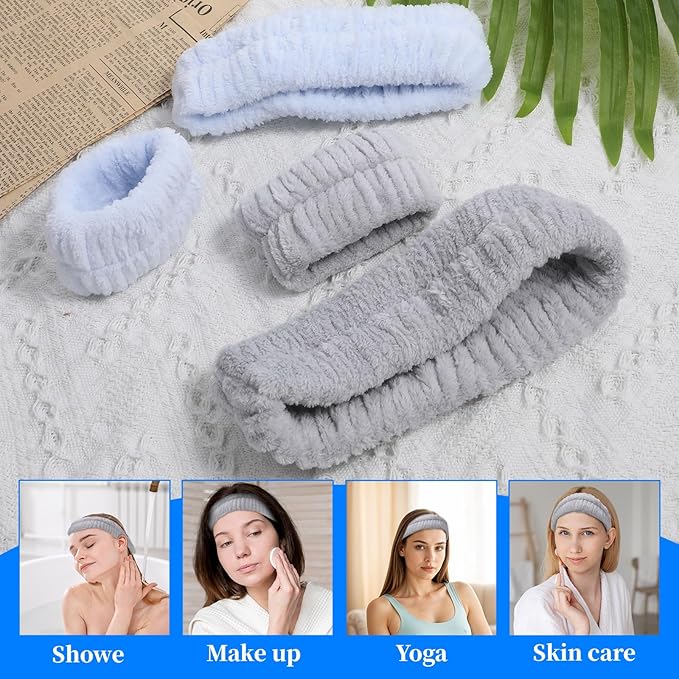 6 Pcs Face Wash Headband and Wristband Set Spa Headband and Wristbands Set Makeup Facial Face Wash Head Wrist Bands Soft Puffy Makeup Skin Care Facewashing Hair Band Accessories for Women