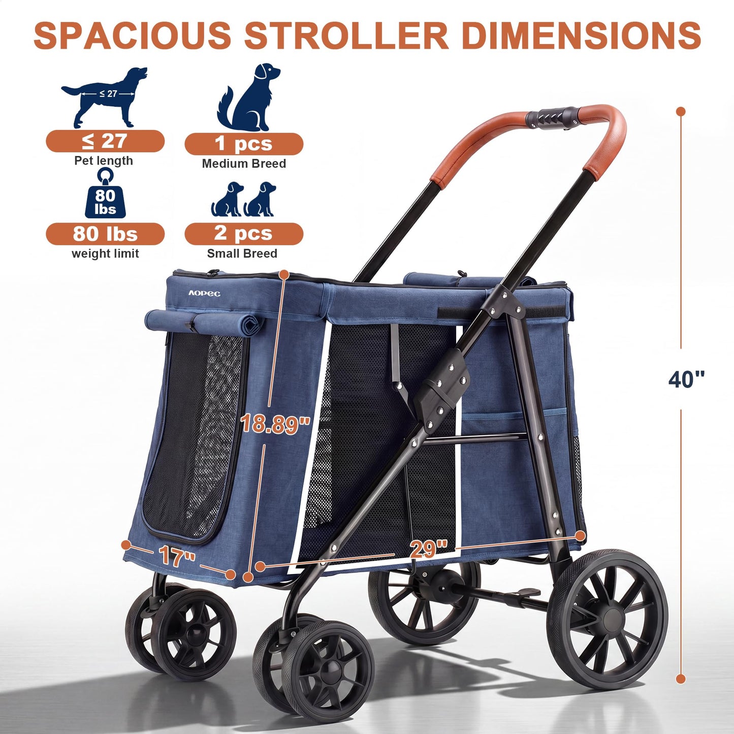 AOPEC Medium Dog Stroller, Dual Entry One-Touch Folding,Small and Medium Pet Stroller,360° Rotating Front Wheels,70 lbs Weight Capacity for Outdoor Travel and Elderly Dogs - Blue