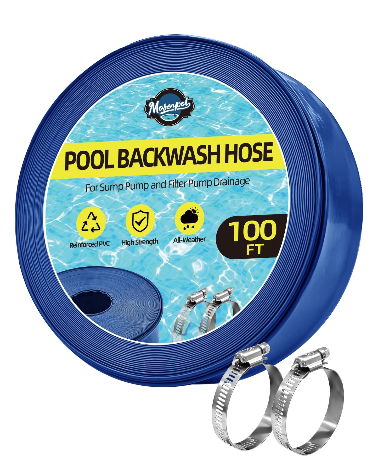 Mosenpol Pool Backwash Hose 1-1/2" x 100 FT - Heavy Duty Layflat Sump Pump Hose, Weather and Burst Resistant PVC Discharge Hose with 2 Clamps for Water Transfer, Pool Drainage, Pool Drain