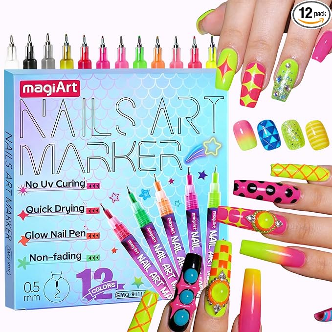 12 Color Nail Art Pens, Neon Nail Markers Set 0.5 MM Fine Tip Nail Polish Pens Drawing Painting Point Liner Painted Pen Kit, Waterproof DIY Nails Art Design Manicure Tools