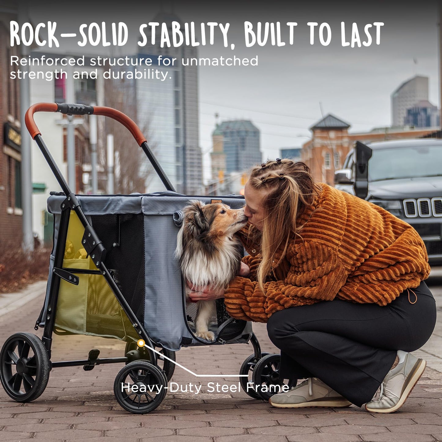 CANINE CANYON Scout Pet Stroller, Heavy Duty Dog Stroller for Large & Medium Dogs, Foldable Pet Stroller for 2 Dogs with All-Terrain Wheels, Storage Pocket & Cup Holder, 55 lbs Capacity, Grey