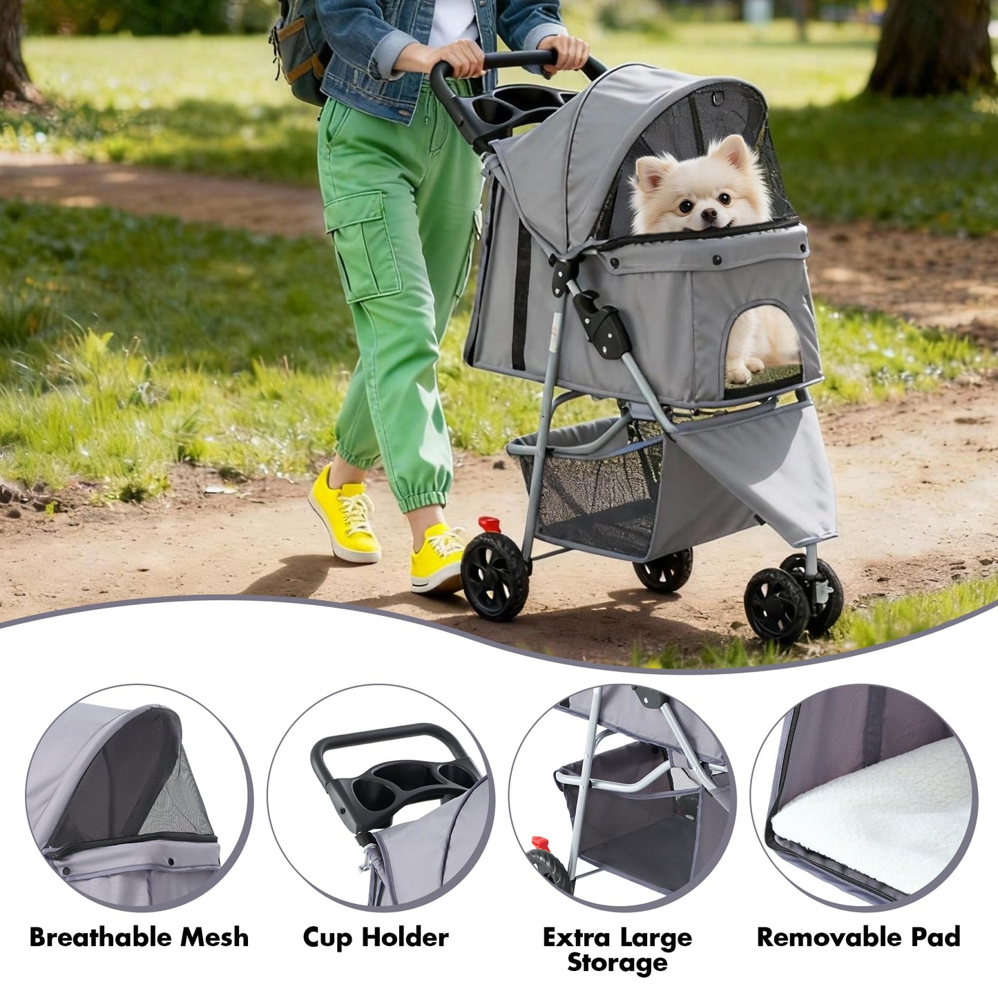 KMFurnila 3 Wheel Pet Stroller for Dogs and Cats, Foldable, Lightweight and Durable, Ideal for Small to Medium Pets, Includes Storage Basket and Cup Holders