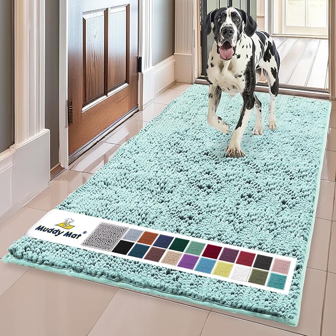 Muddy Mat® | Super Absorbent Door Mat Indoor, Microfiber Quick Dry Chenille Entryway Rug, Non-Slip Front Door Mat, Indoor Mats for Entryway, Machine Washable Pet Rug, Seafoam Green 24" x 96"