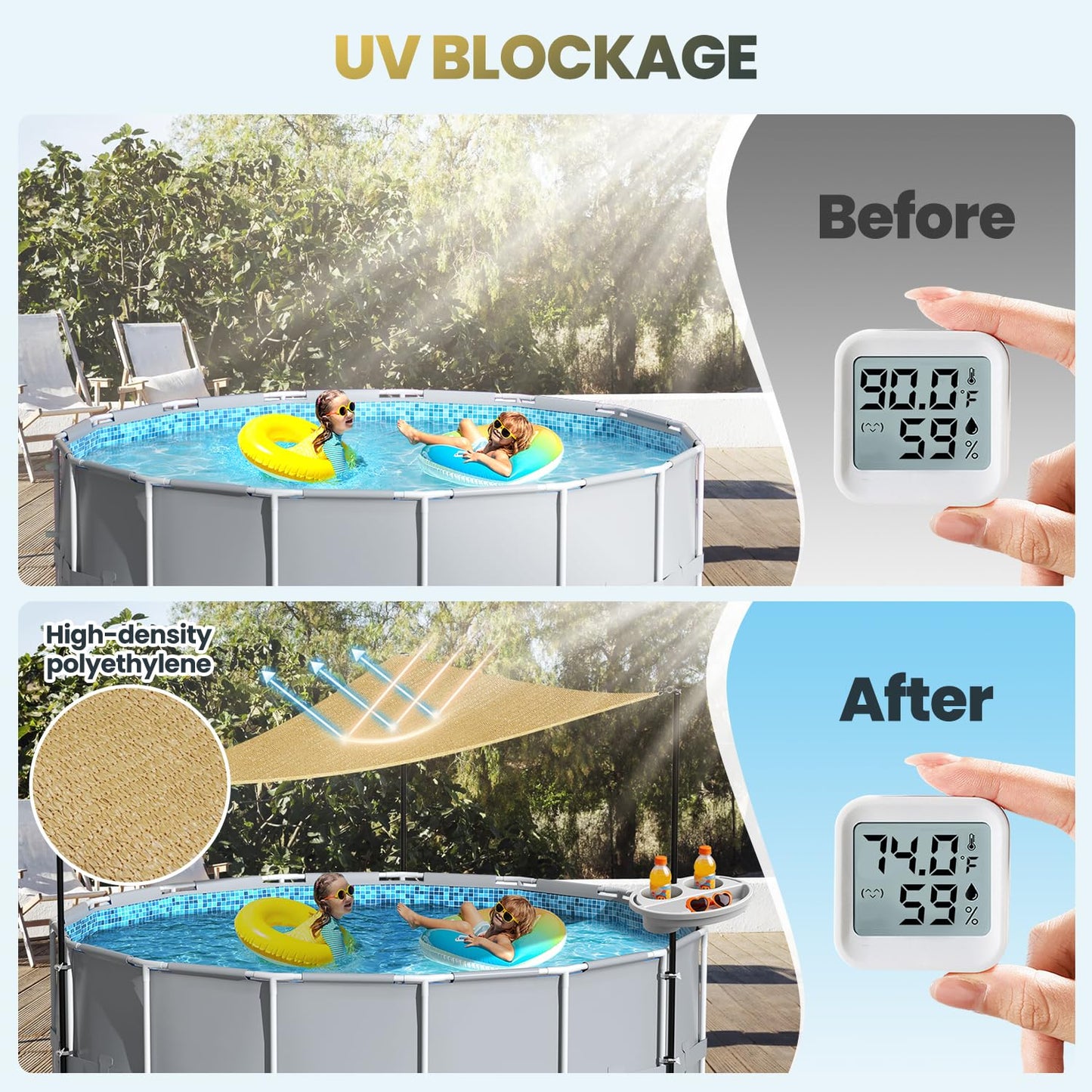 Calanofin Above Ground Pool Shade Set with Storage Tray – UV-Resistant Shade Sail for 15-22 Ft Pools, Outdoor Triangular Canopy with Sun Shade Poles for Deck, Backyard & Pool Essentials (13x13x13 Ft)