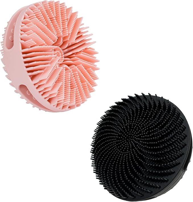 2 Pack Silicone Exfoliating Body Scrubber, Silicone Body Brush, Soft Silicone Loofah for Sensitive Skin, Shower Head Massager, Easy to Clean, Lathers Well(Pink&Black)