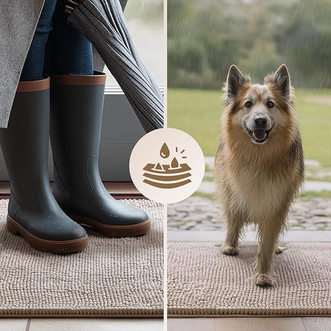 EHEYCIGA Super Absorbent Dog Door Mat for Muddy Paws 24x16 Inch Indoor, Front Doormat Outside Entrance, Quick Dry Chenille Washable Dog Crate Bed, Non-Slip Pet Rug Mud Mat Outdoor Entryway, Beige