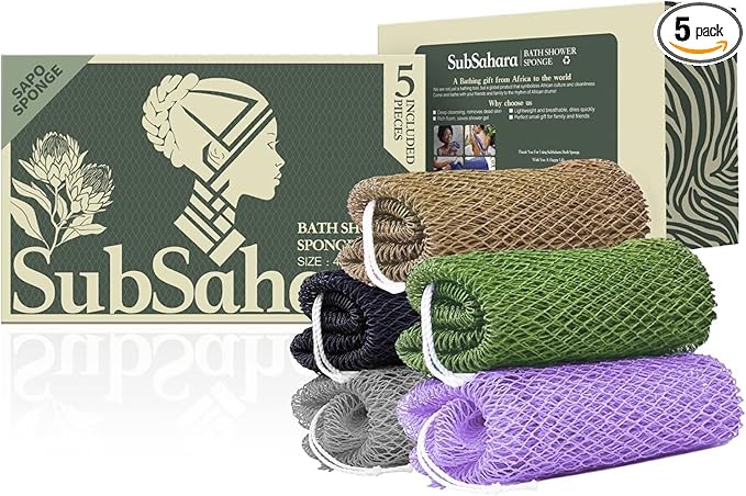 SubSahara Authentic African Net Sponge - 5 Pack Exfoliating Bath & Shower Loofah Sponge for Body & Face, Gentle Scrubber for All Skin Types, Travel, Durable