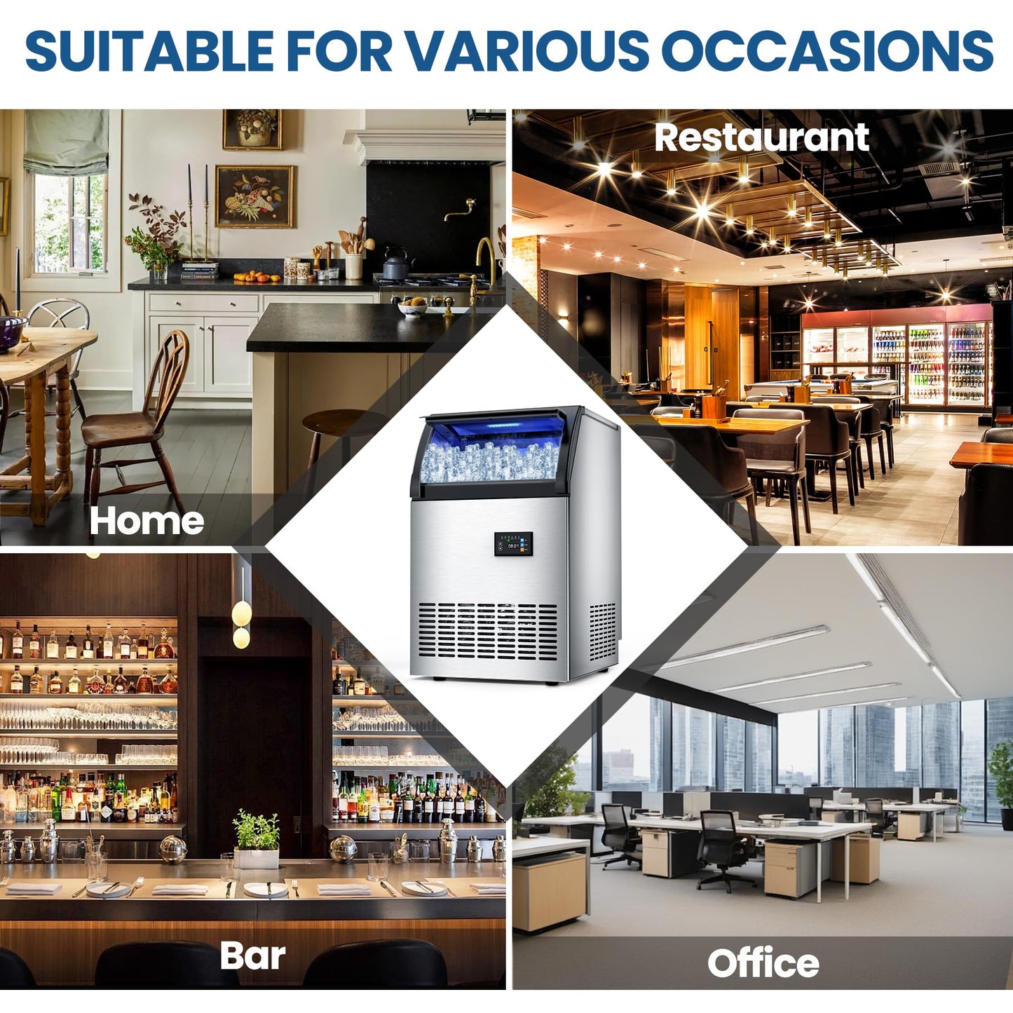 Commercial Gourmet Ice Maker Machine, 115 Lbs/24H, 55 Lbs Storage, Stainless Steel Freestanding/Under Counter Ice Machine with Water Filter & Scoop for Office, Bar, and Restaurant