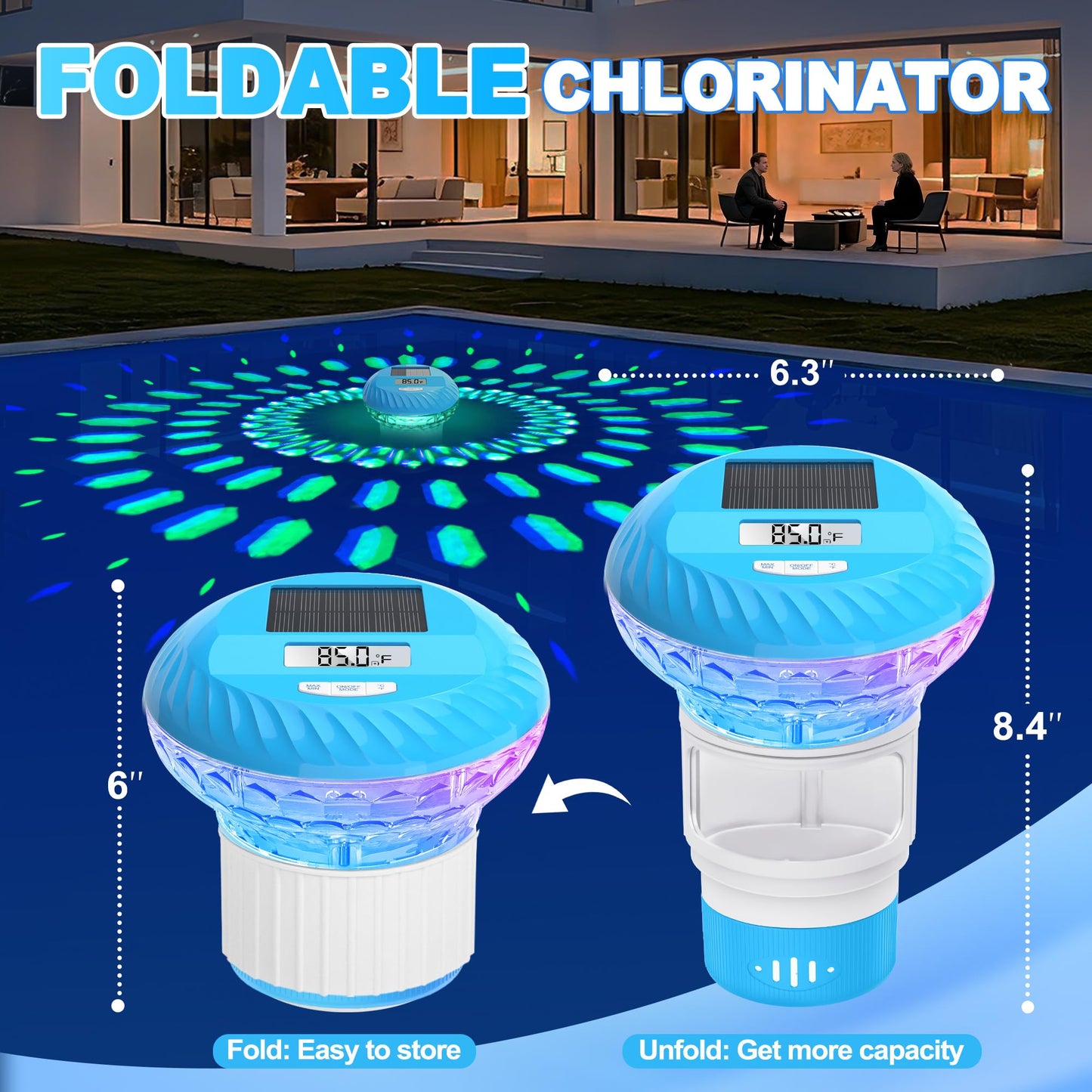 AquClor 2026 Upgraded Pool Chlorine Floater with Thermometer,Digital Screen Solar Chlorines Floaters w/Light,Chlorine Floater w/Adjustable Release,Floating chlorines Dispenser for Pool,Hot Tub,Blue