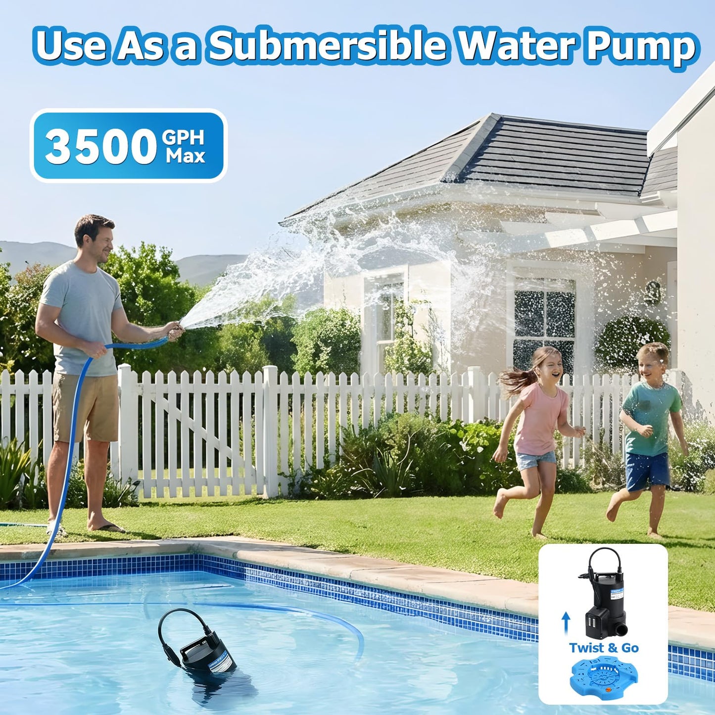 1/2HP Automatic Swimming Pool Cover Pump 3500GPH Submersible Water Pump with 3/4” Check Valve Adapter & 25ft Power Cord 110V Sump Pump for Swimming Pool Hot Tubs Pond Basement Rooftops