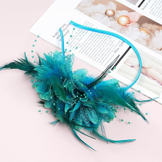 Womens Fascinators Hats Tea Party Hats for Women, Feather Pearl Veil Headband for Wedding Cocktail Dresses Accessories