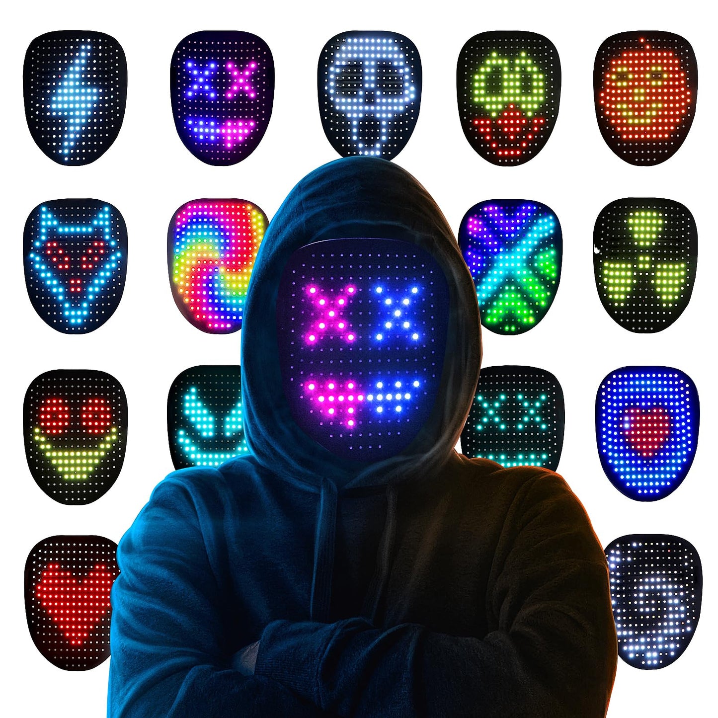 Led Mask Halloween Costume for Kids Adults, Face Transforming Light up Mask with Gesture Sensing, Cool Toys Great Gift for Birthday Costume Party Christmas