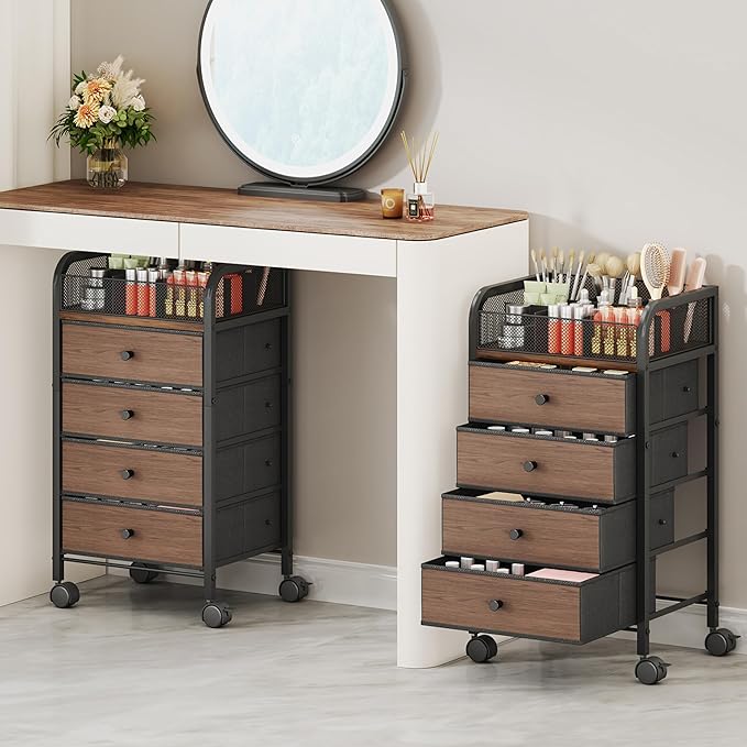 SWTYMIKI Rolling Makeup Organizer Cart - 14.96Ã¢ÂÂ³*11.81Ã¢ÂÂ³*27.55Ã¢ÂÂ³ Widened Under Desk Vanity Storage with 4 Non-woven Drawers, Cosmetic Display Cases for Skin Care Perfume Nail Polish Brush Hair Tool Black