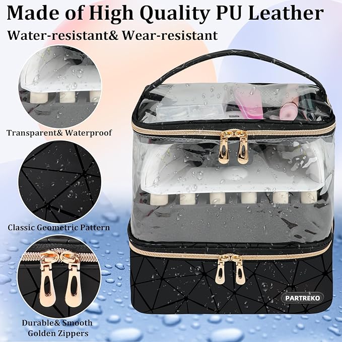 Clear Nail Polish Organizer Holds 60 Bottles (15ml/0.5fl.oz)& Nail Lamp, Double Layer Nail Supplies Organizer Case Transparent, PU Leather Nail kit Storage Bag for Manicure Tools (Black)