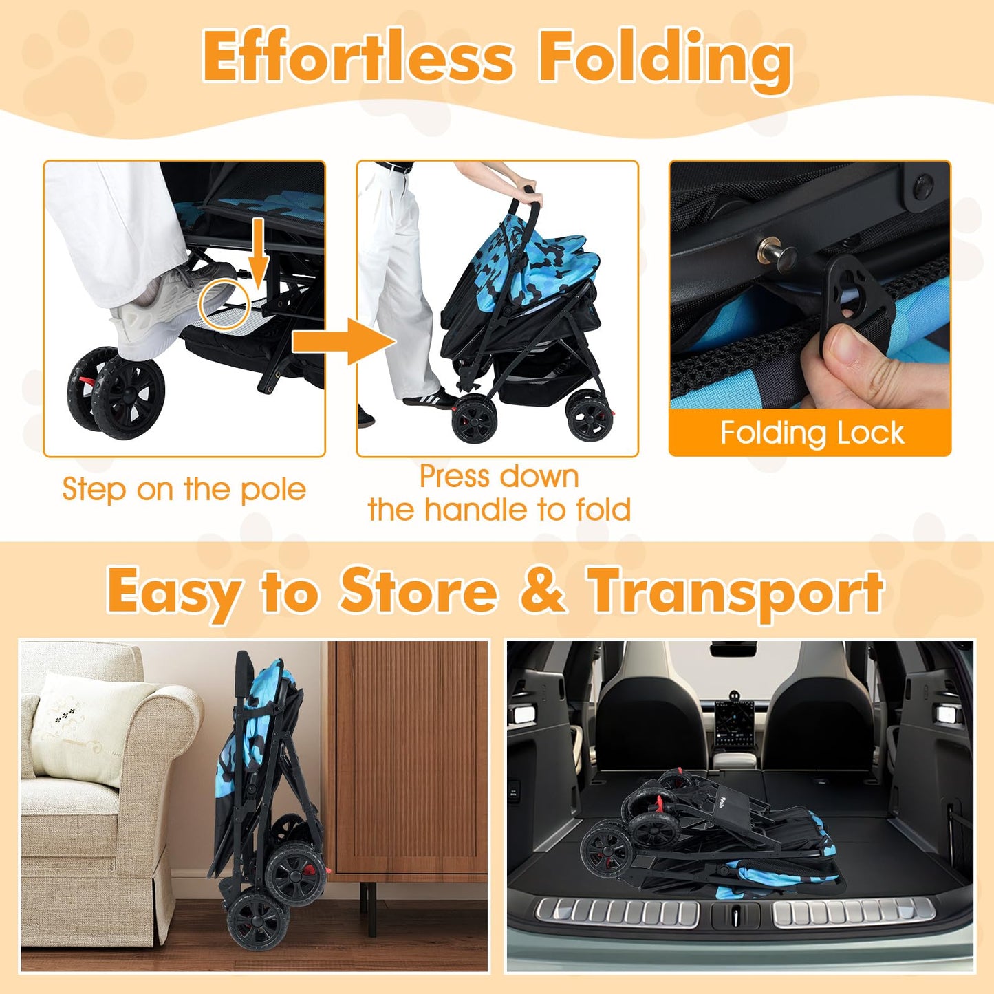 PETSITE Double Pet Stroller, Foldable Double Dog Stroller with 2-Seater Carrier, Adjustable Sunshade, Removable Pad, Safety Belt, Storage Basket, 4-Wheel Pet Travel Cart for 2 Puppies & Cats (Navy)