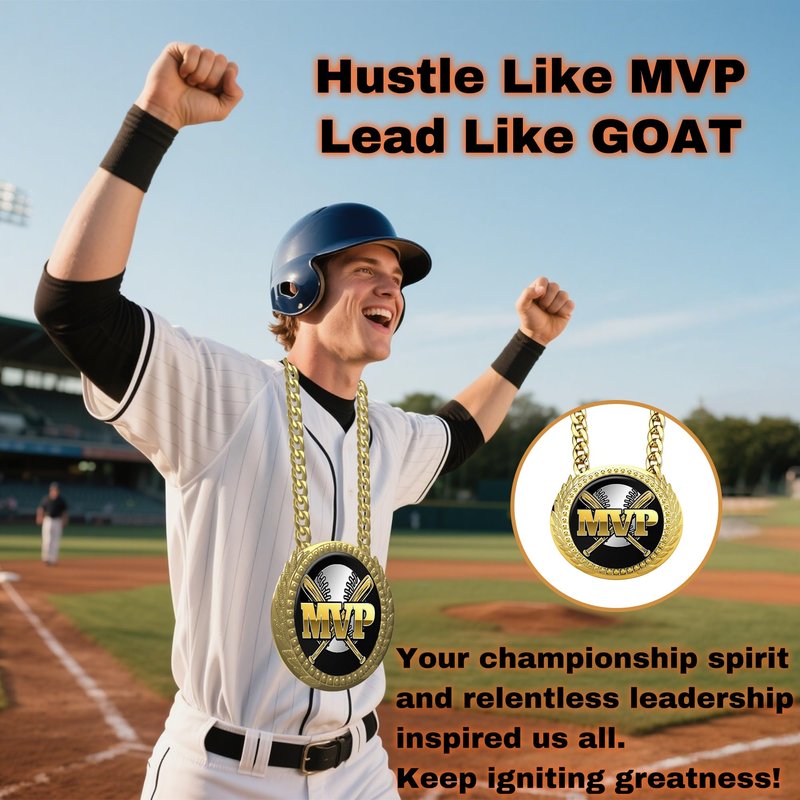 Goutoports Baseball Chain MVP Medal Award – 6" Oversized Gold Turnover Chain Trophy Necklace Prize for Team Champion, Little League, Youth Baseball, Tournament Winner, Banquets Party Gifts