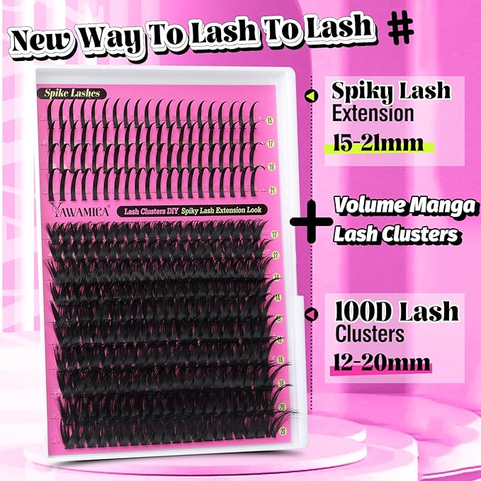 Yawamica 100D Volume Lash Clusters 12-20mm with 15-21mm Spike Individual Lashes DIY Manga Lashes Clusters D Curly Wispy Eyelash Clusters Fairy Cluster Eyelash Extensions 280pcs (Black)