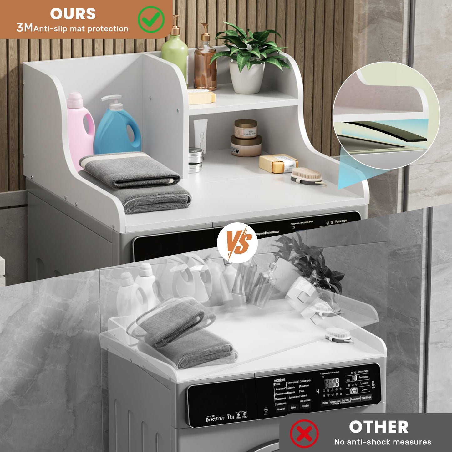 DTK Washer Dryer Countertop with Shelf,27.5" D x 27" W x 11.8" H Wood Countertop for Washer and Dryer,Laundry Countertop with Anti-Slip Strips and Edge Rails,Dryer Countertop for Laundry Room(White)