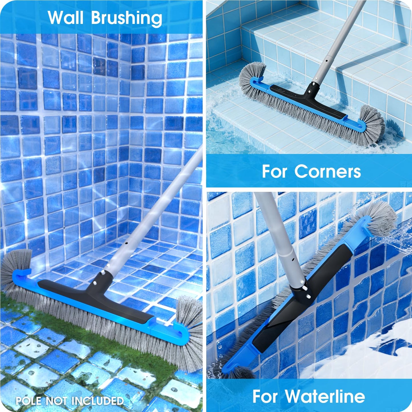 TidyMister 20'' Pool Brush Head for Cleaning Pool Walls, Curved Side Brush for Hard-to-Reach Corners, with Wavy Nylon Bristles, Fit with 1-1/4'' Standard Pole(not Included)
