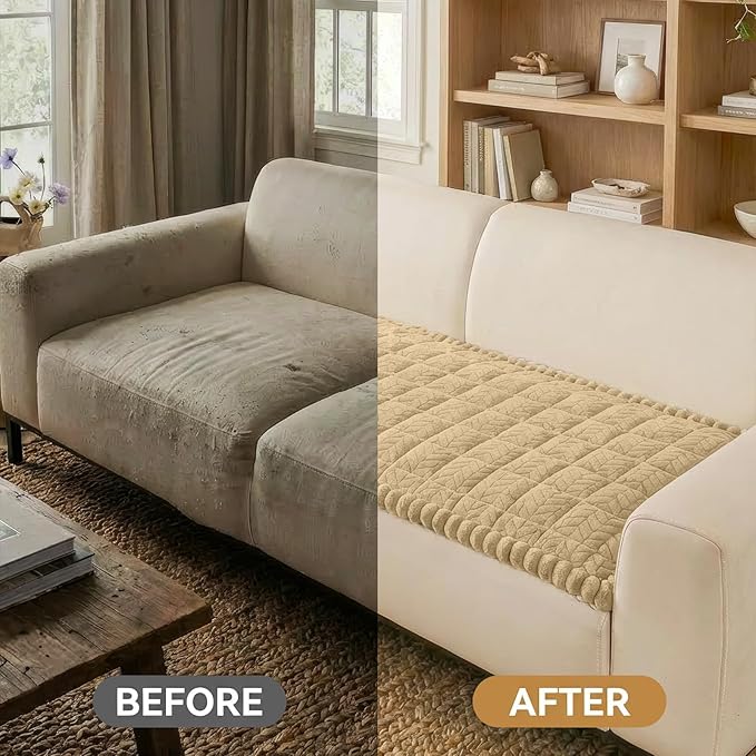 Smiry Non Slip Couch Covers for Dogs, Fuzzy Pet Couch Covers for 2 Cushion Sofa Pet Friendly, Soft Sofa Loveseat Slipcovers Cushion Furniture Protector Washable (Khaki, 27.6" x 47")