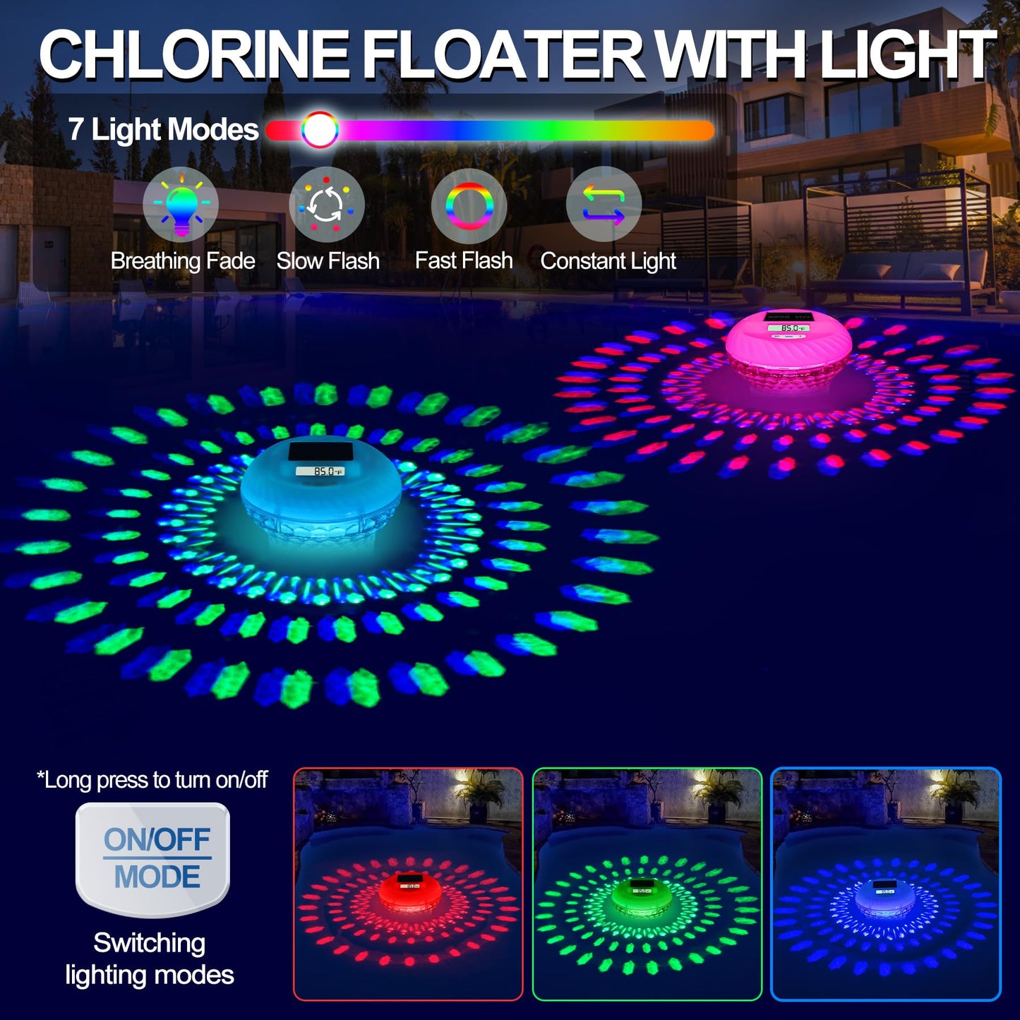 FineBud2025 Upgrade Pool Chlorine Floater with Thermometer,Digital Screen Floating Chlorine Dispenser for Pool,Solar pool Chlorines floater with Light,Button Control chlorine floaters with Thermometer