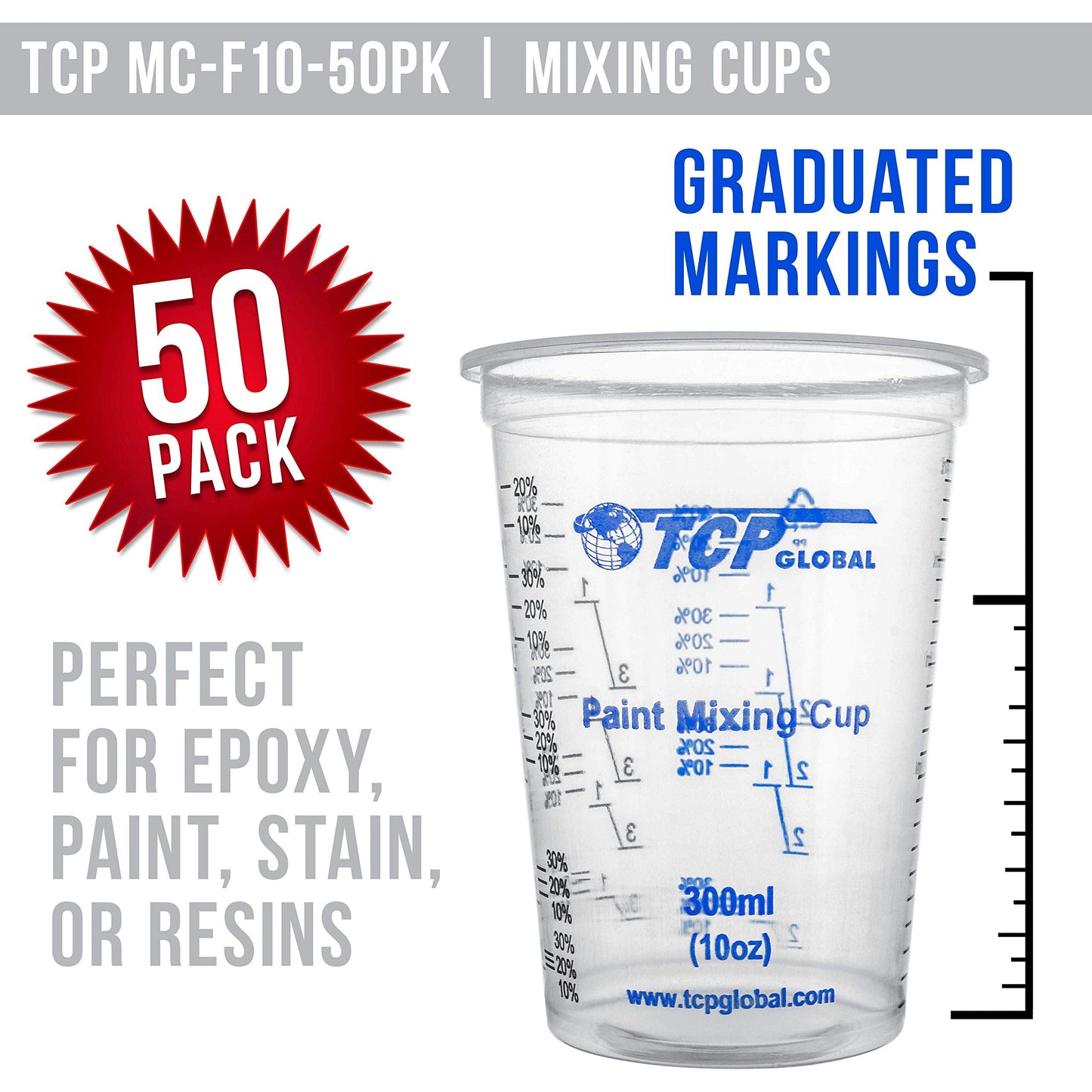 TCP Global 10 oz. (300ml) Graduated Plastic Mixing Cups - Box of 50 with 50 Mixing Sticks - Disposable Plastic Measuring Cups for Liquids, Paints, Resin, Epoxy, Art, Kitchen - Ratios 2-1, 3-1, 4-1 ML