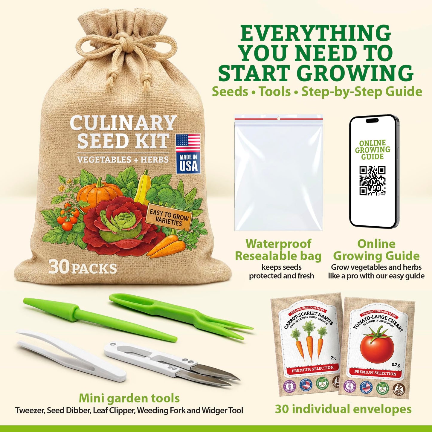 Culinary Vegetable & Herb Seeds Variety Pack - 30 Heirloom Non-GMO Garden Seeds for Planting, Seed Kit with Tools, Made in USA